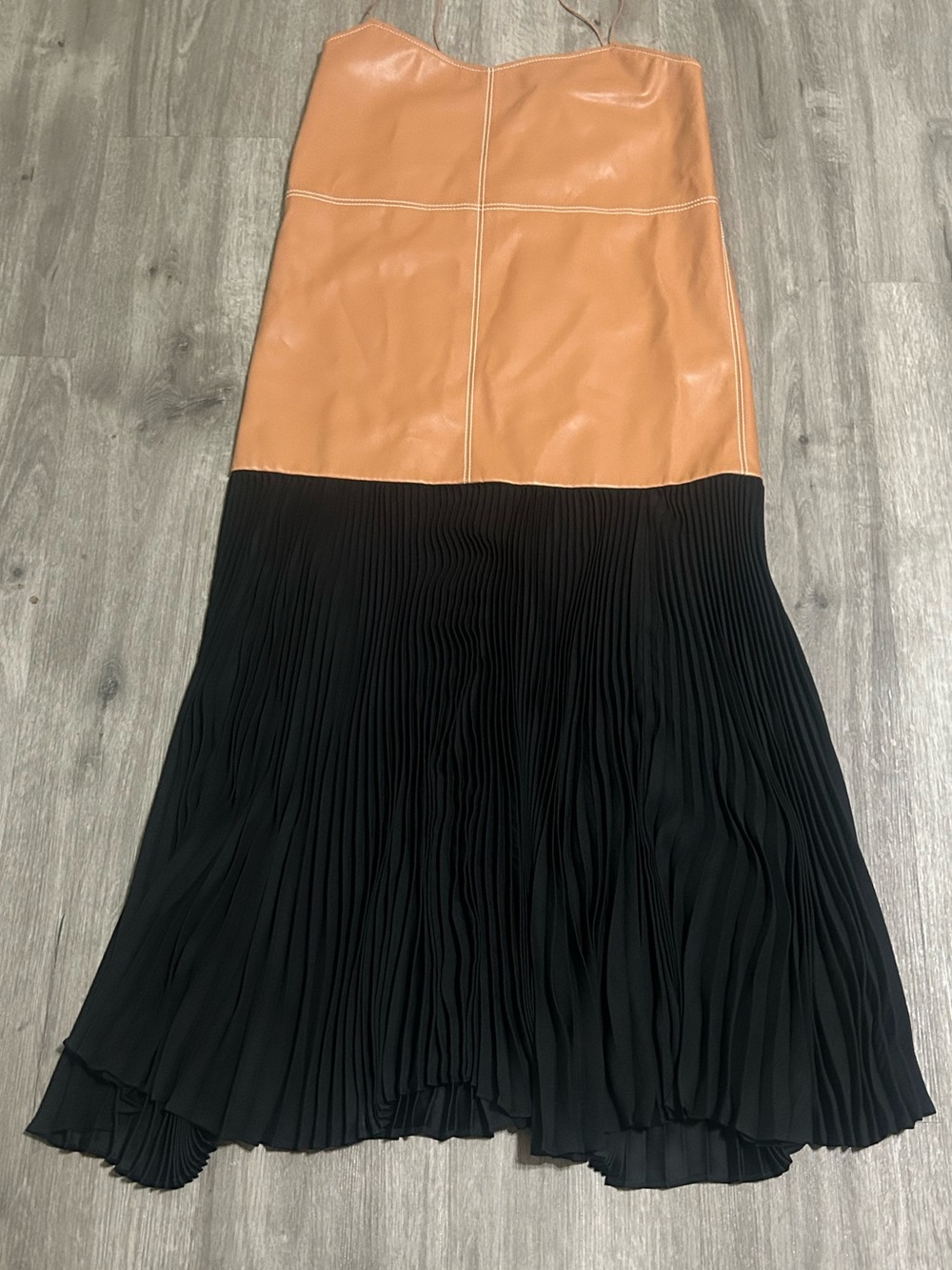 Alexis Two-Tone Leather-Top Pleated Maxi Skirt — Tan and Black